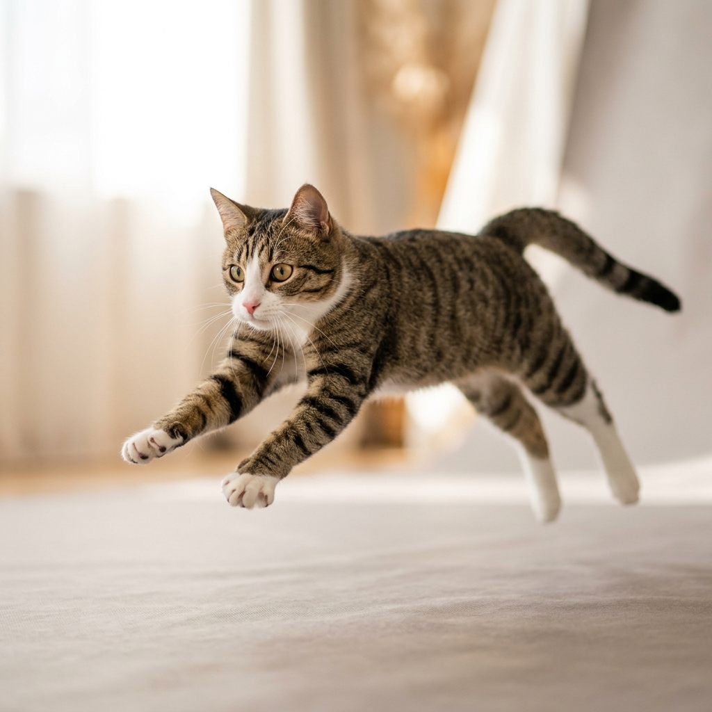 Playful cat jumping gracefully in mid-air